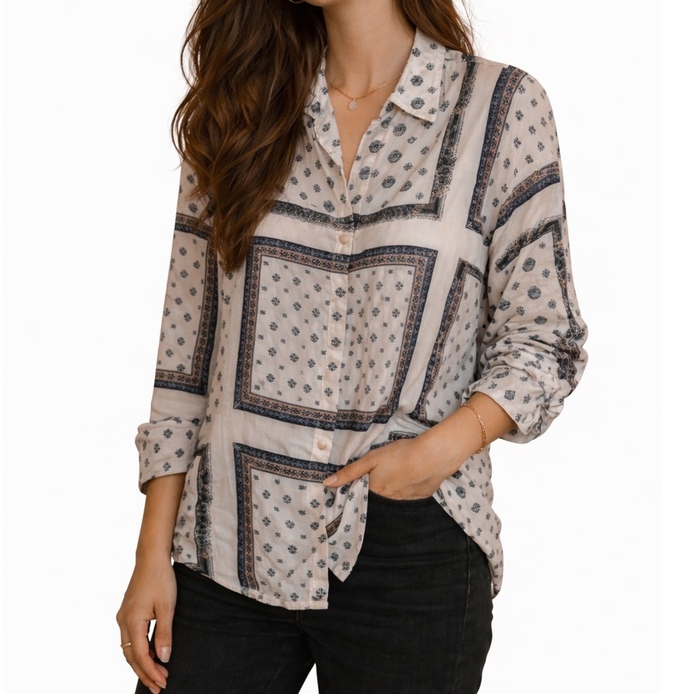 Free People Voile Little Secrets Shirt Womens Sz M White Blue Print Button Front